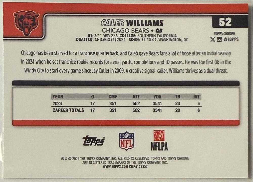 Caleb Williams Chicago Bears 2025 Topps Chrome RayWave Refractor Rookie Card - Picture 2 of 2